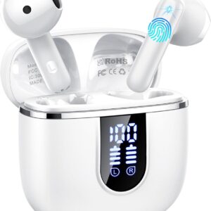 Auriculares Inalambricos Bluetooth 5.4, Auriculares Bluetooth con 4 Mic ENC Reducción de Ruido, 40H Cascos Inalambricos Bluetooth con HiFi Estéreo, Pantalla LED, IP7 Impermeable Audifonos USB-C Blanco