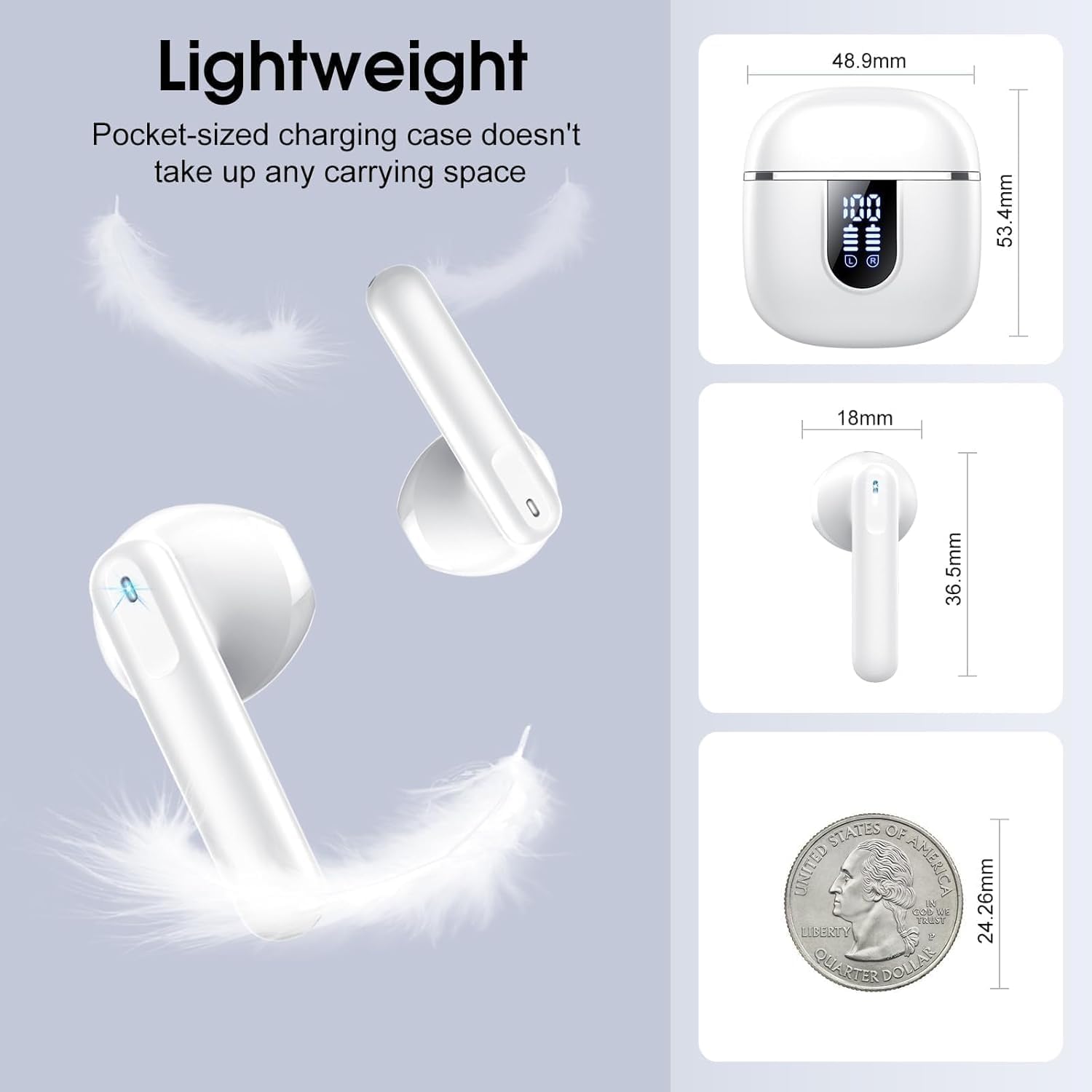 Auriculares Inalambricos Bluetooth 5.4, Auriculares Bluetooth con 4 Mic ENC Reducción de Ruido, 40H Cascos Inalambricos Bluetooth con HiFi Estéreo, Pantalla LED, IP7 Impermeable Audifonos USB-C Blanco - 6