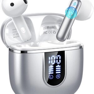 Auriculares Inalambricos Bluetooth 5.4, Auriculares Bluetooth con 4 Mic ENC Reducción de Ruido, 40H Cascos Inalambricos Bluetooth con HiFi Estéreo, Pantalla LED, IP7 Impermeable Audifonos USB-C Plata