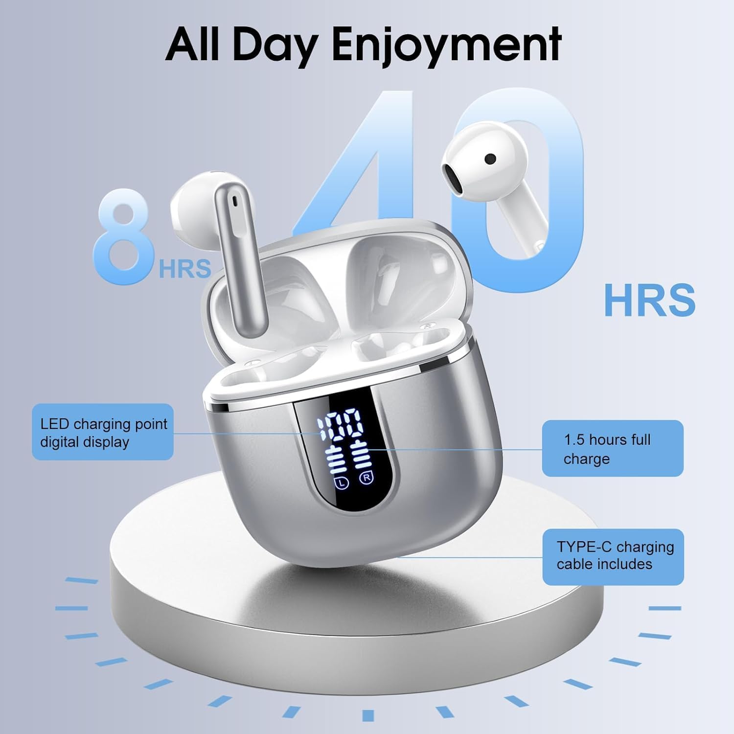 Auriculares Inalambricos Bluetooth 5.4, Auriculares Bluetooth con 4 Mic ENC Reducción de Ruido, 40H Cascos Inalambricos Bluetooth con HiFi Estéreo, Pantalla LED, IP7 Impermeable Audifonos USB-C Plata - 4