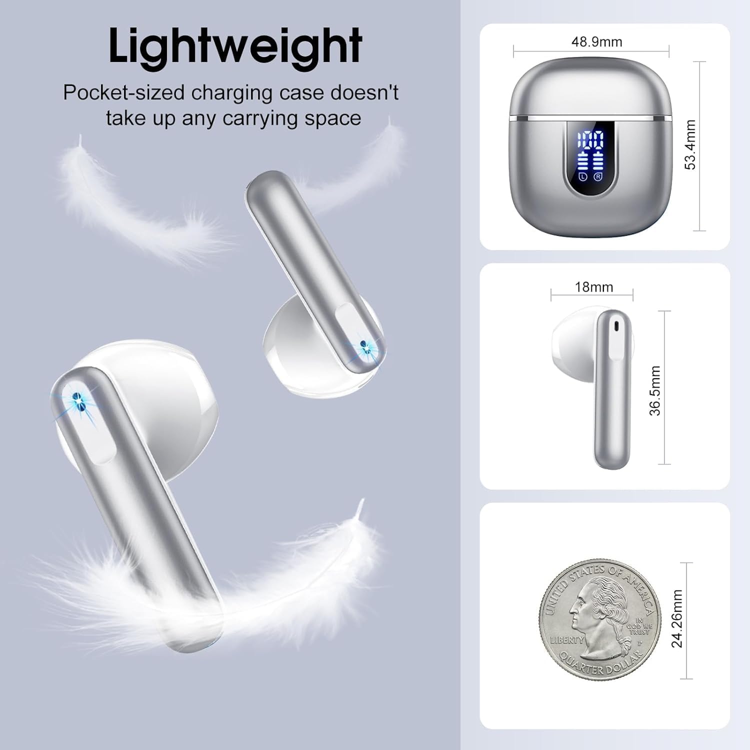 Auriculares Inalambricos Bluetooth 5.4, Auriculares Bluetooth con 4 Mic ENC Reducción de Ruido, 40H Cascos Inalambricos Bluetooth con HiFi Estéreo, Pantalla LED, IP7 Impermeable Audifonos USB-C Plata - 6