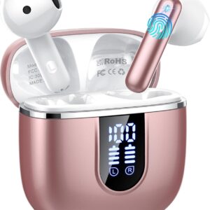 Auriculares Inalambricos Bluetooth 5.4, Auriculares Bluetooth con 4 Mic ENC Reducción de Ruido, 40H Cascos Inalambricos Bluetooth con HiFi Estéreo, Pantalla LED, IP7 Impermeable Audifonos USB-C Rosa
