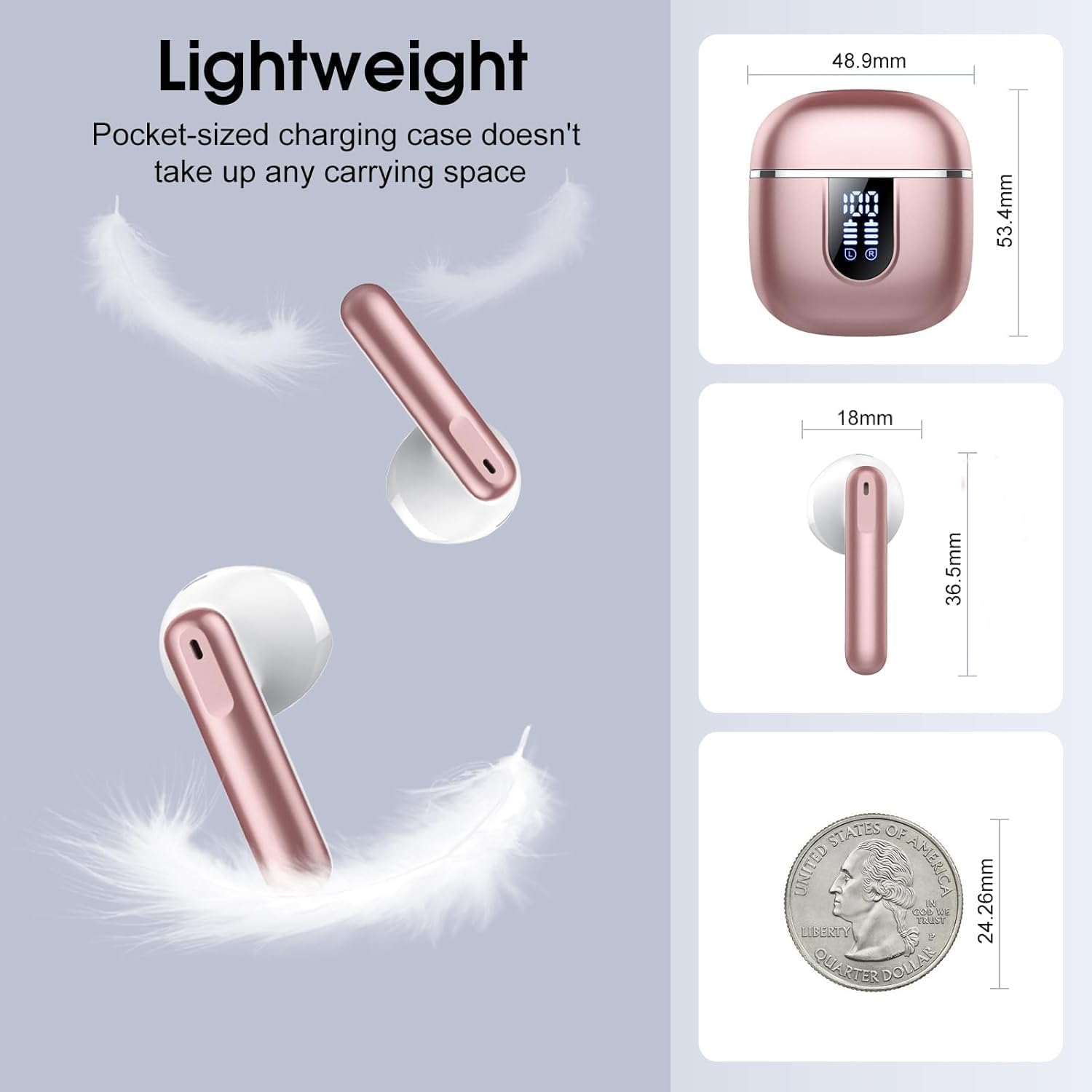 Auriculares Inalambricos Bluetooth 5.4, Auriculares Bluetooth con 4 Mic ENC Reducción de Ruido, 40H Cascos Inalambricos Bluetooth con HiFi Estéreo, Pantalla LED, IP7 Impermeable Audifonos USB-C Rosa - 6