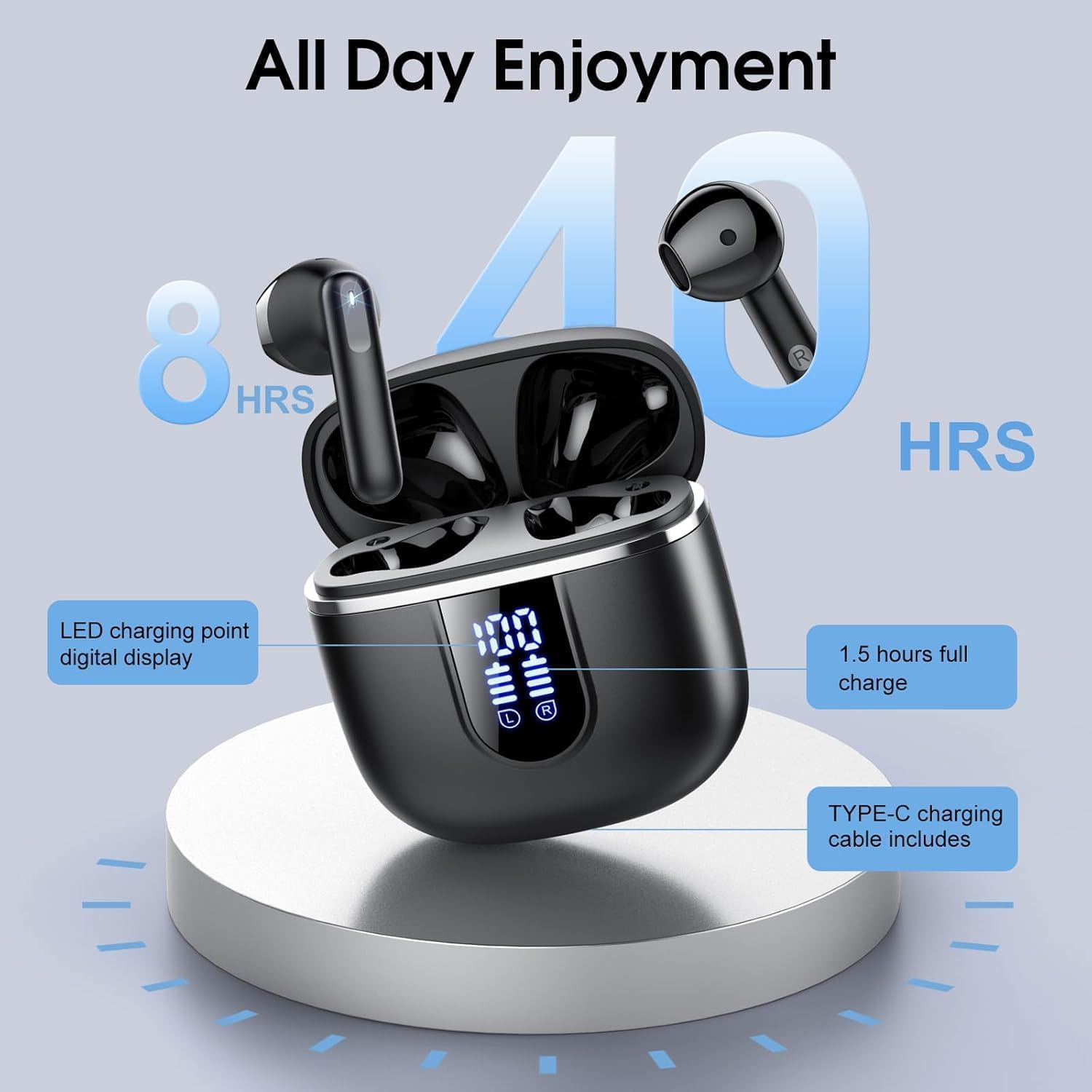 Auriculares Inalambricos Bluetooth 5.4, Auriculares Bluetooth con HiFi Estéreo, 40H Cascos Inalambricos Bluetooth con 4 HD Mic ENC Reducción de Ruido, Pantalla LED, IP7 Impermeable Audifonos USB-C - 4
