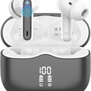 Auriculares Inalámbricos Bluetooth, Auriculares Bluetooth 5.3 con 4 ENC Mic, 40H HiFi Cascos Inalambricos Bluetooth con Reducción de Ruido, Cascos lnalámbricos IP7 Impermeable/Pantalla LED, Gris