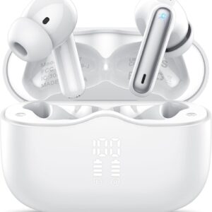 Auriculares Inalambricos Bluetooth, Auriculares Bluetooth 5.4 con ENC Reducción de Ruido, 40H HiFi Estéreo Cascos Inalambricos Bluetooth con 4 HD Mic, Pantalla LED, IP7 Impermeablem Cascos, Blanco