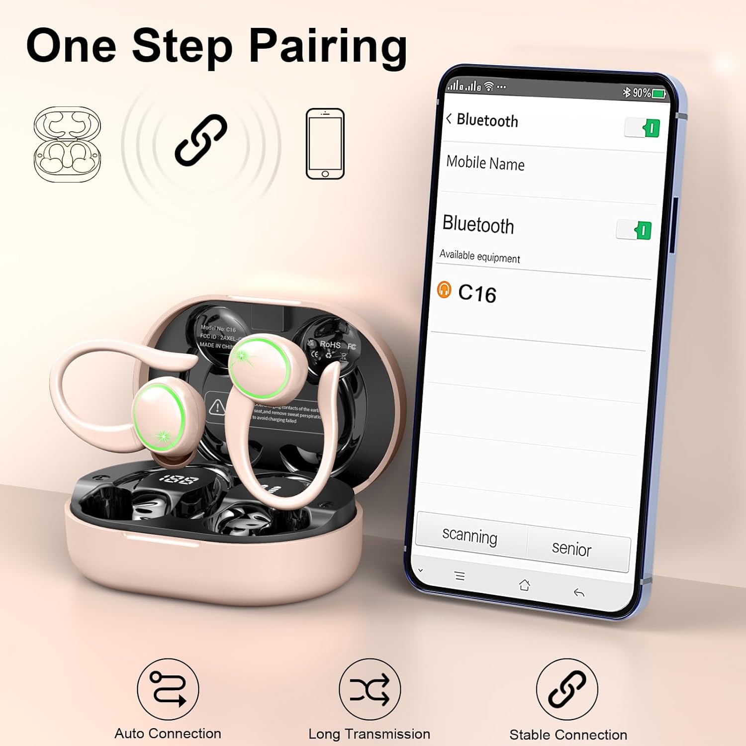 Auriculares Inalambricos Deportivos, Auriculares Bluetooth 5.4 HiFi Estéreo con 4 HD Mic, 50H Cascos Inalambricos Bluetooth con Cancelacion Ruido ENC, IP7 Impermeable Cascos para Running, Pantalla LED - 4