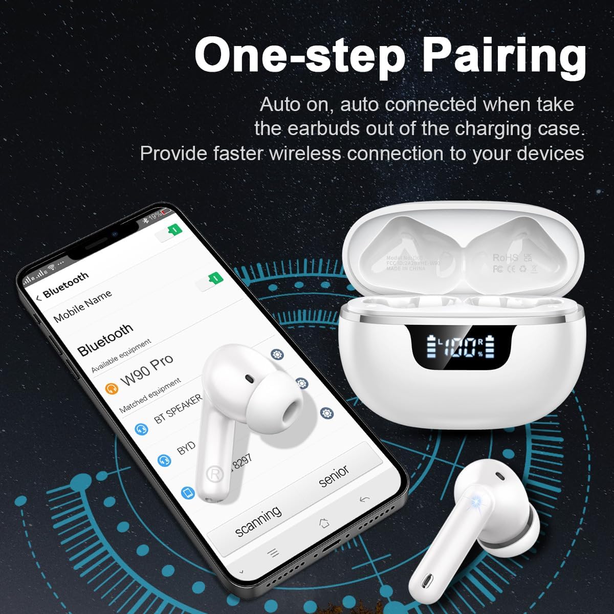 Auriculares inalámbricos Bluetooth con cancelación de Ruido, Auriculares Bluetooth con Controladores dinámicos estéreo, Auriculares Deportivos inalámbricos Bluetooth con Pantalla de alimentación LED - 4