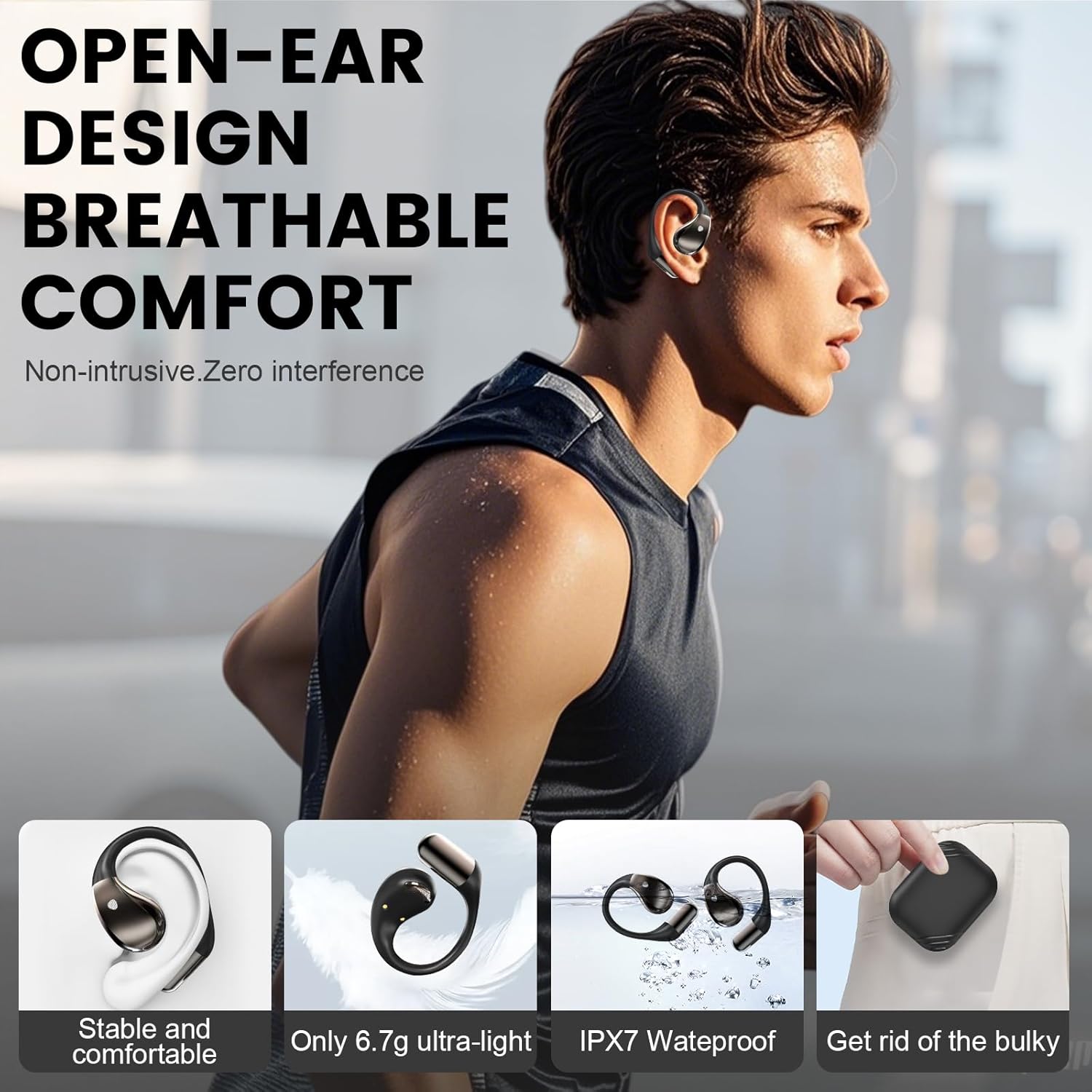Auriculares inalambricos Deportivos, Bluetooth V6.0 lnalámbricos Cascos Hi-Fi Estéreo, 40H Llamada ENC HD Auriculares, Pantalla LED, IP7 Impermeable Auriculare Oreja Abierta para Sport/Running, Negro - 2