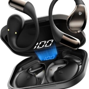 Auriculares inalambricos Deportivos, Bluetooth V6.0 lnalámbricos Cascos Hi-Fi Estéreo, 40H Llamada ENC HD Auriculares, Pantalla LED, IP7 Impermeable Auriculare Oreja Abierta para Sport/Running, Negro