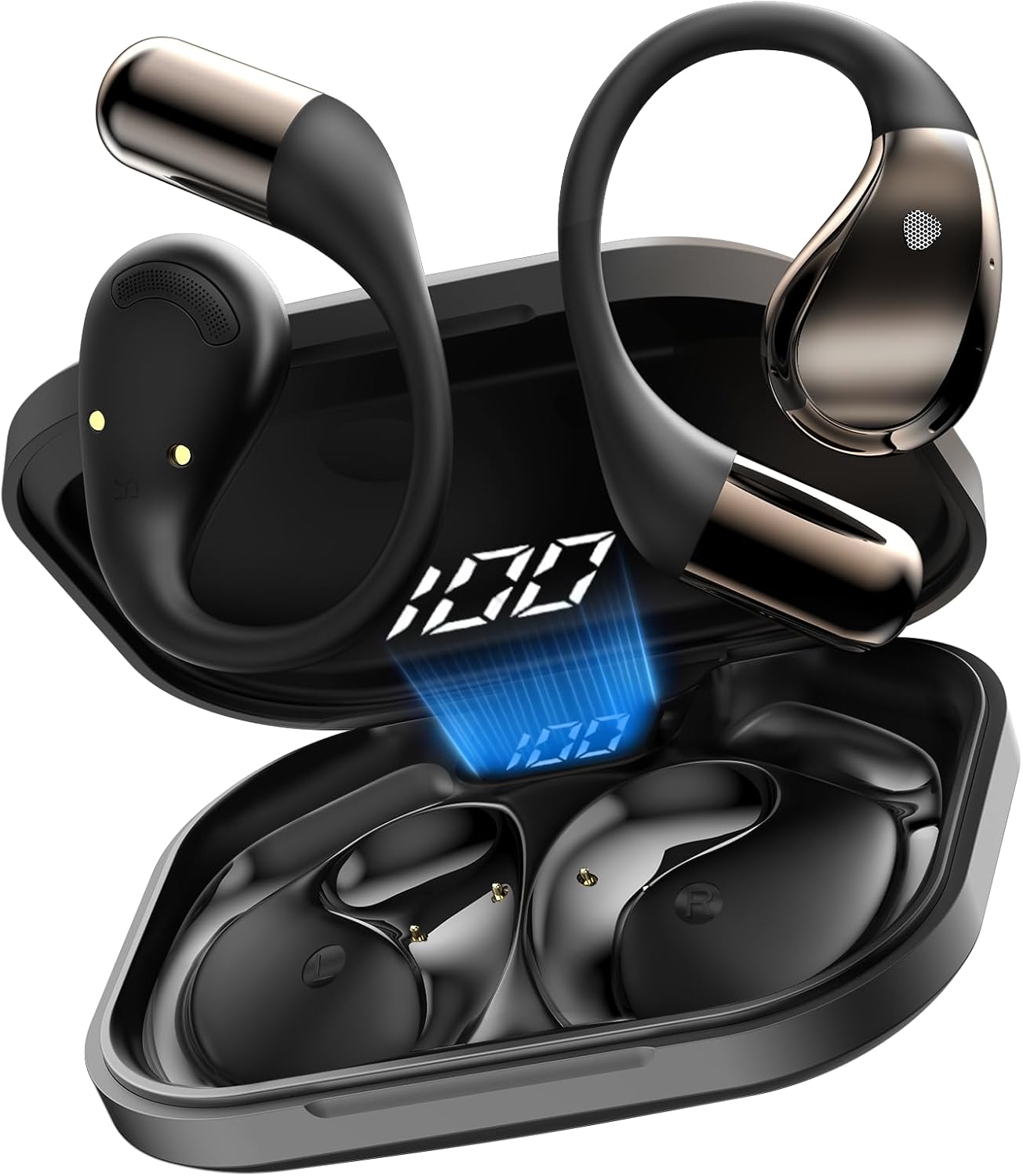 Auriculares inalambricos Deportivos, Bluetooth V6.0 lnalámbricos Cascos Hi-Fi Estéreo, 40H Llamada ENC HD Auriculares, Pantalla LED, IP7 Impermeable Auriculare Oreja Abierta para Sport/Running, Negro - 1