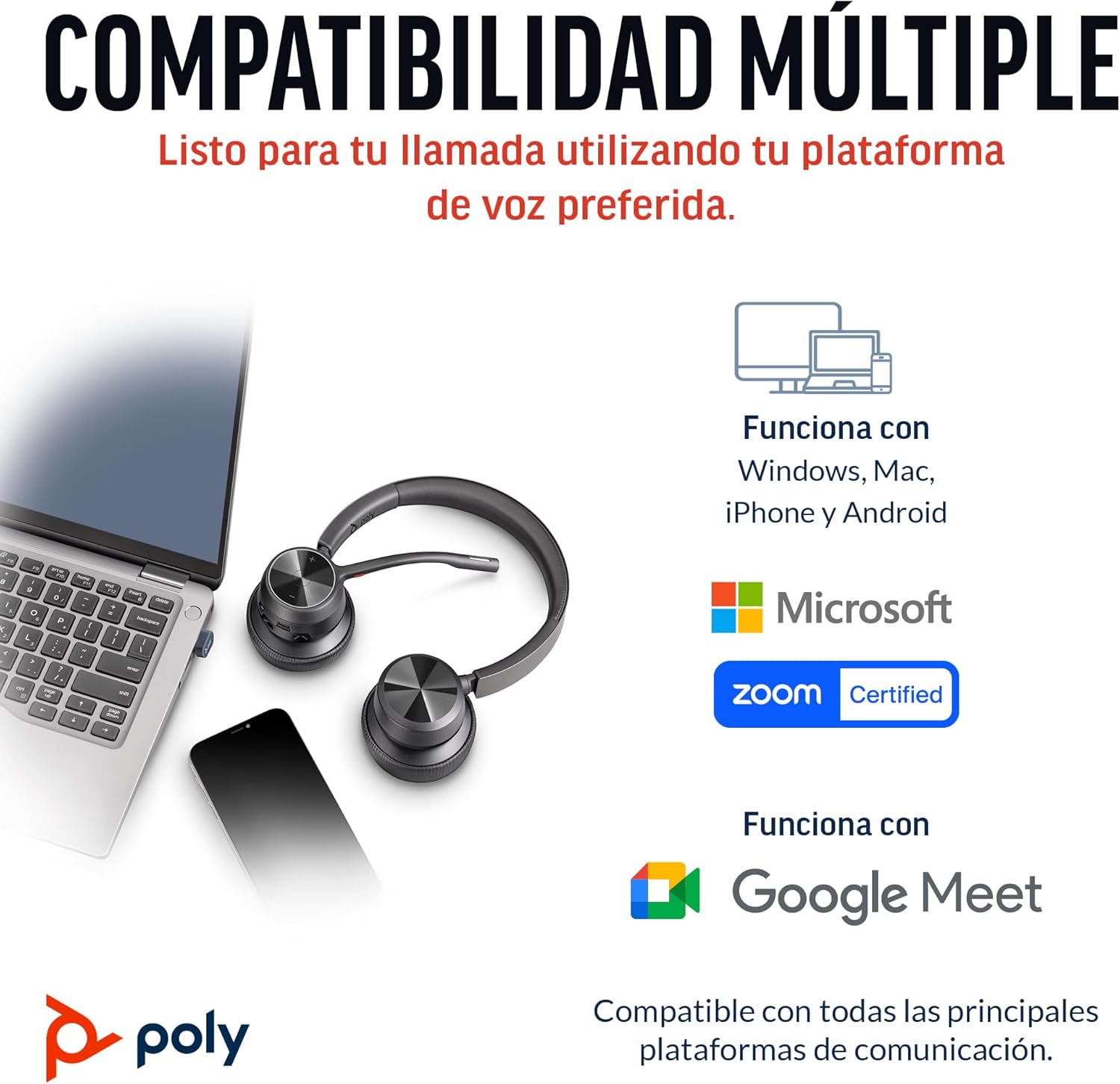 Auriculares inalámbricos Poly Voyager 4320 UC - Audífonos estéreo con micrófono de brazo con cancelación de ruido - Conexión Bluetooth a PC/Mac/teléfono móvil - Funciona con Teams, Zoom y más - 6