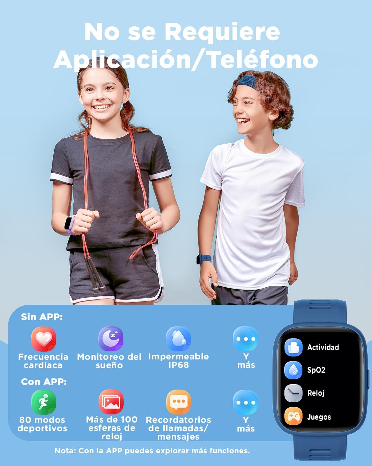 BIGGERFIVE Pulsera Actividad Niños Niñas 5-16, 1,8" Reloj Inteligente Podómetro, Frecuencia Cardíaca, Resistente al Agua IP68, Monitor de Sueño, Despertador, Juegos de Rompecabezas con/sin App - 2