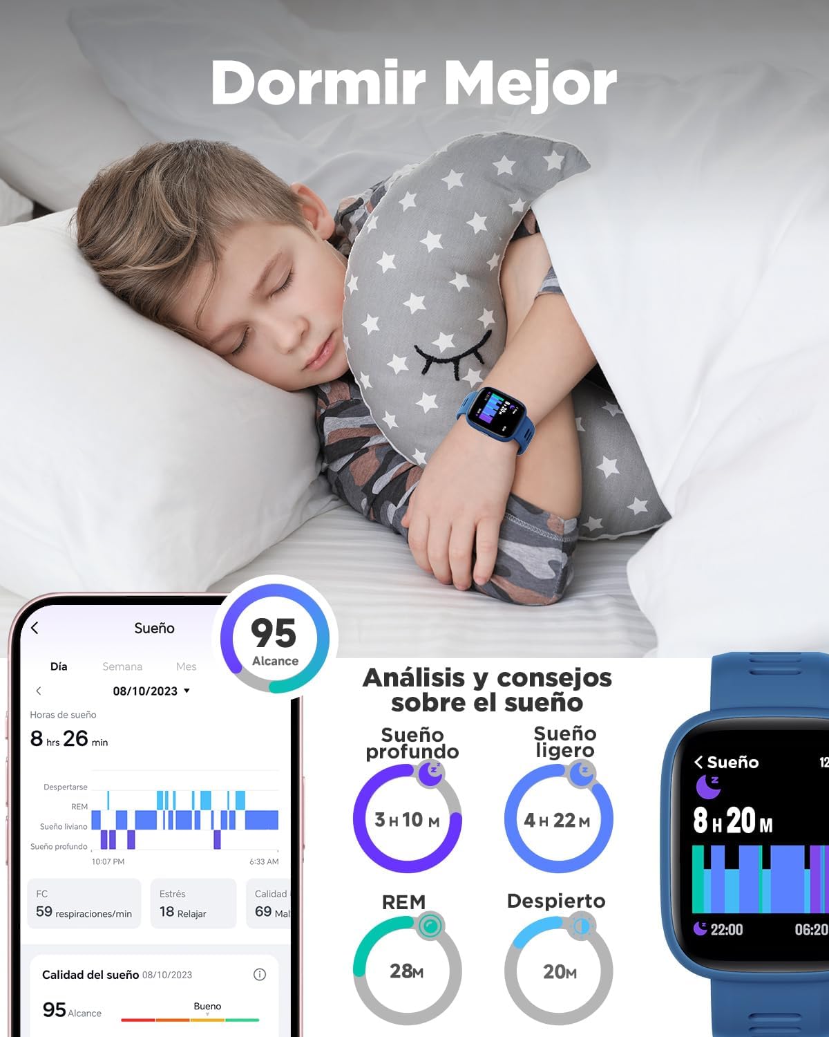 BIGGERFIVE Pulsera Actividad Niños Niñas 5-16, 1,8" Reloj Inteligente Podómetro, Frecuencia Cardíaca, Resistente al Agua IP68, Monitor de Sueño, Despertador, Juegos de Rompecabezas con/sin App - 4