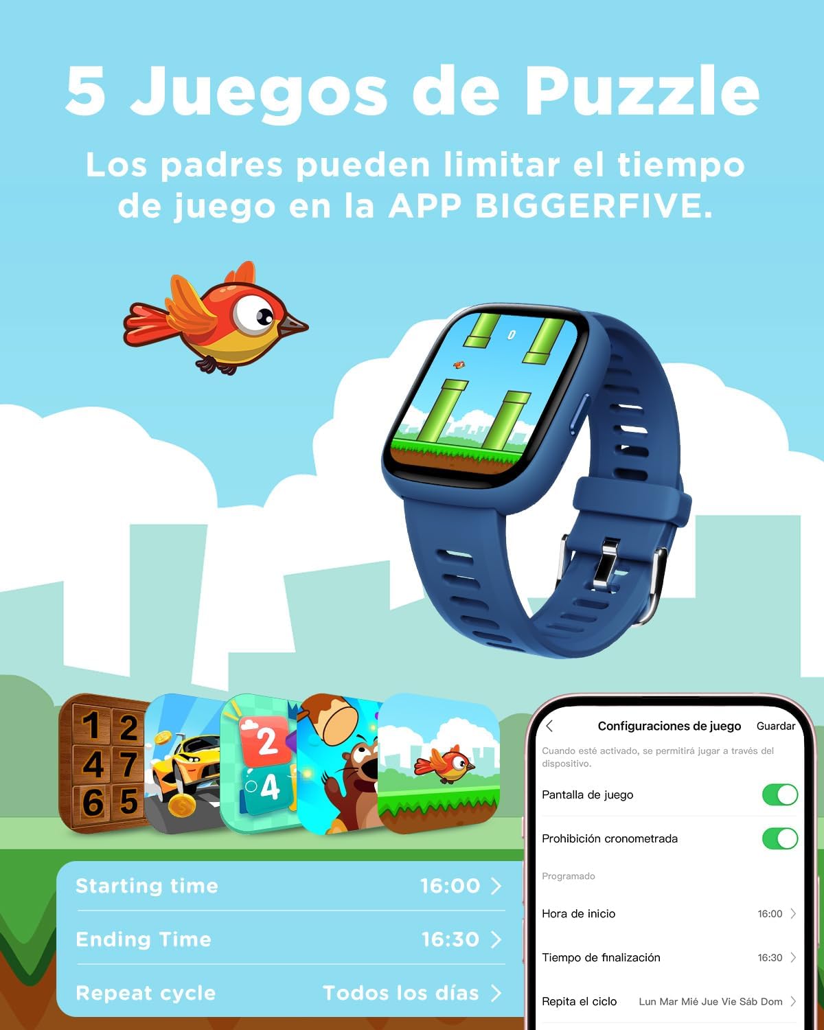 BIGGERFIVE Pulsera Actividad Niños Niñas 5-16, 1,8" Reloj Inteligente Podómetro, Frecuencia Cardíaca, Resistente al Agua IP68, Monitor de Sueño, Despertador, Juegos de Rompecabezas con/sin App - 6
