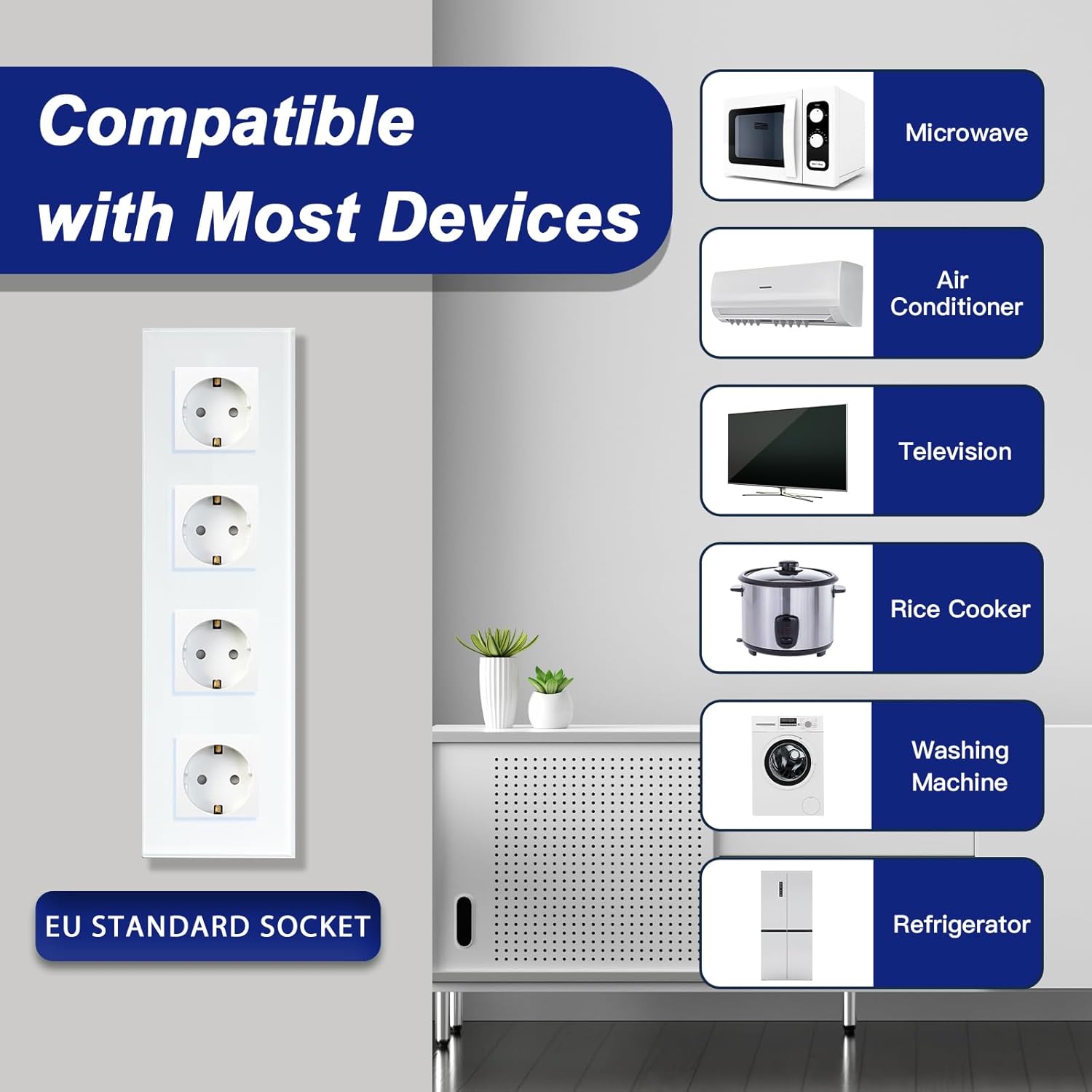 BSEED Enchufe de Pared con Cristal,Enchufes Empotrable Estándar,Toma de Corriente,Seguridad infantil,Fácil de Instalar,M Serie,4 Enchufes,299mm Blanco - 3