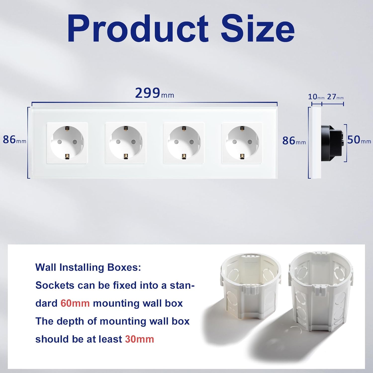 BSEED Enchufe de Pared con Cristal,Enchufes Empotrable Estándar,Toma de Corriente,Seguridad infantil,Fácil de Instalar,M Serie,4 Enchufes,299mm Blanco - 4