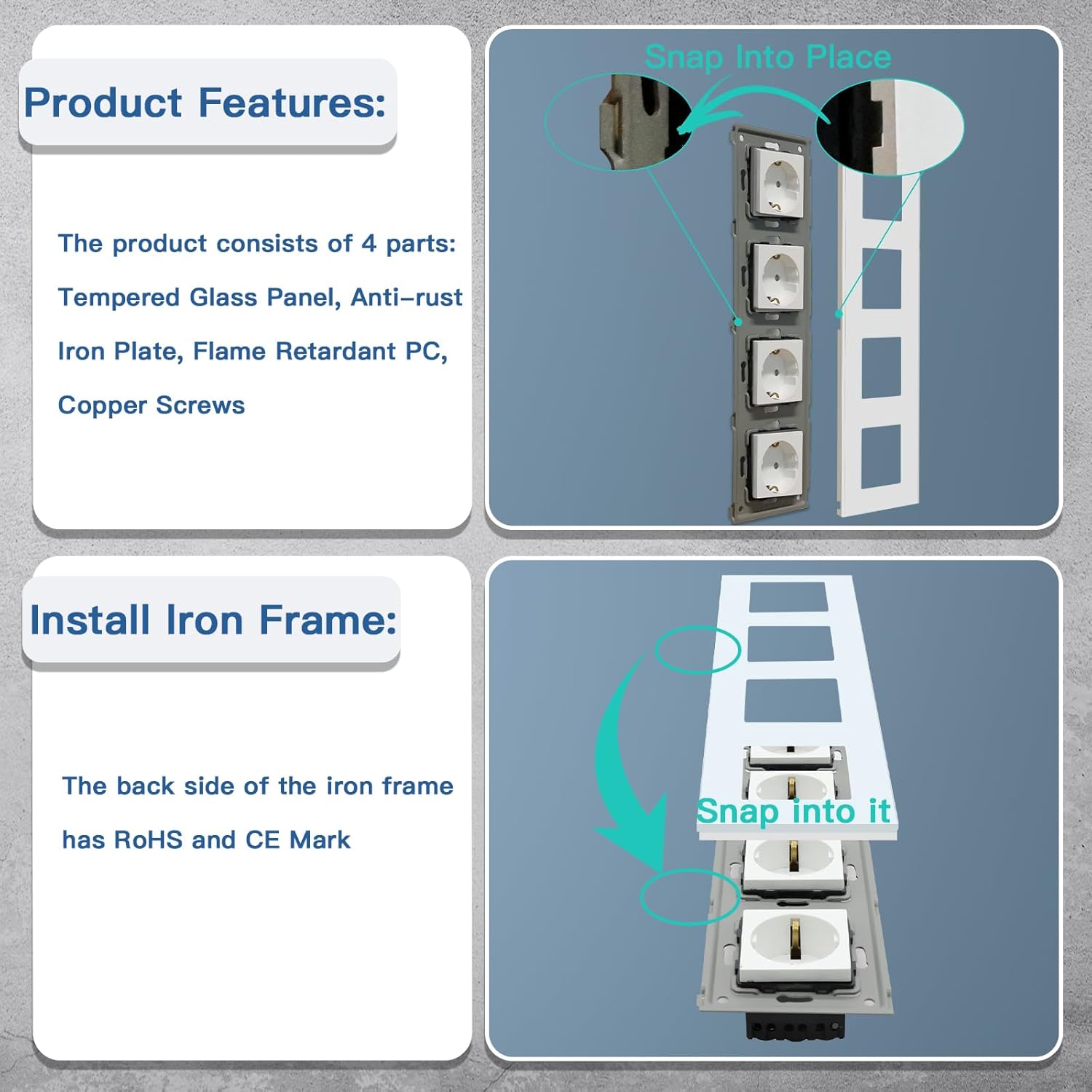 BSEED Enchufe de Pared con Cristal,Enchufes Empotrable Estándar,Toma de Corriente,Seguridad infantil,Fácil de Instalar,M Serie,4 Enchufes,299mm Blanco - 5