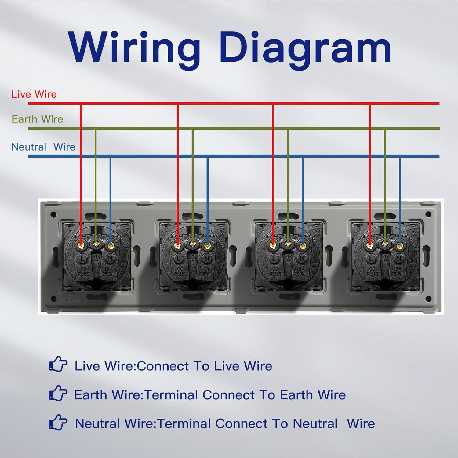 BSEED Enchufe de Pared con Cristal,Enchufes Empotrable Estándar,Toma de Corriente,Seguridad infantil,Fácil de Instalar,M Serie,4 Enchufes,299mm Blanco - 6