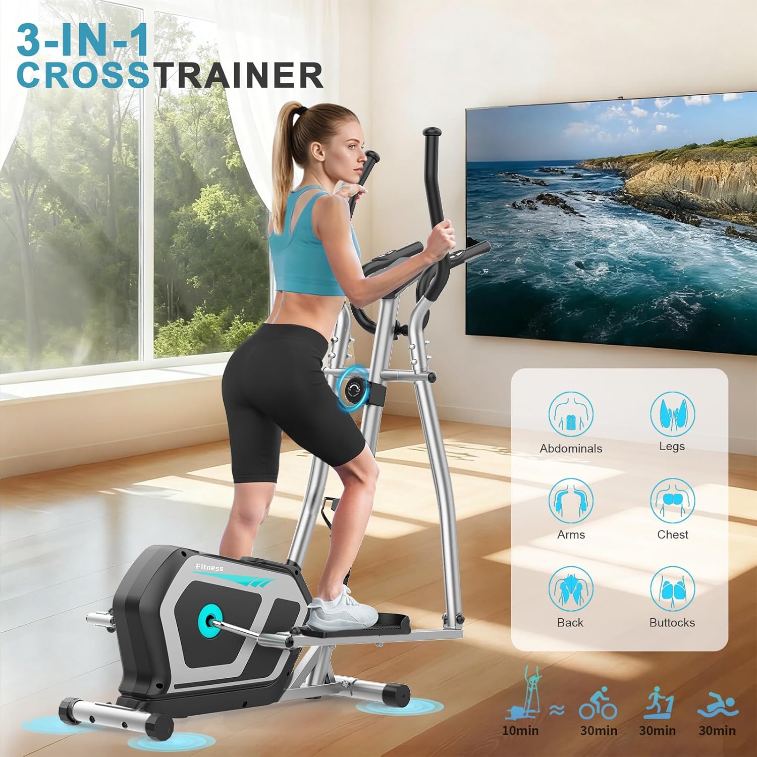 Bicicleta Elíptica,3 en 1 Máquina Elíptica para Casa con 16 Niveles de Resistencia,Monitor LCD, Bluetooth App y Soporte para Dispositivos,Pedal Antideslizante - 2