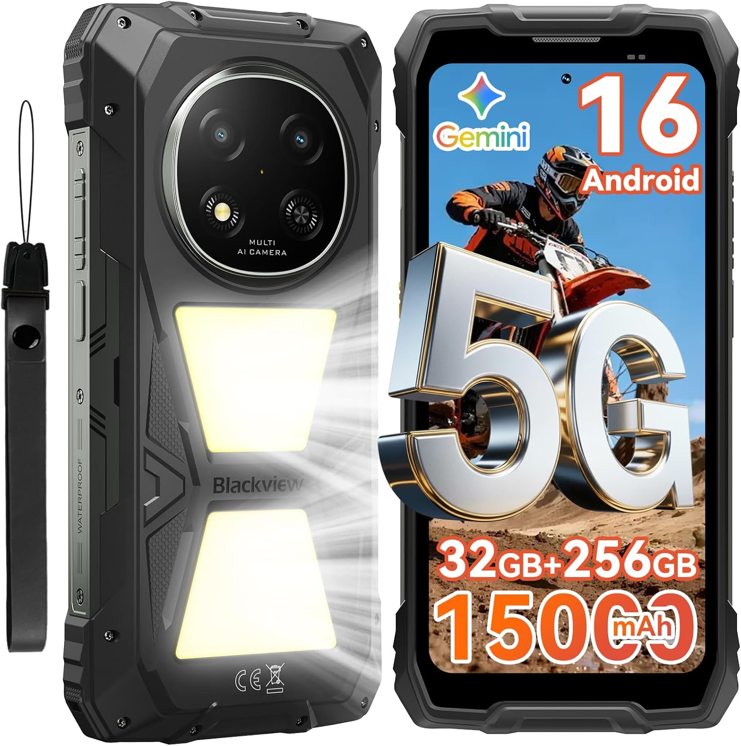 Blackview Rock 2 Pro Movil Irrompible, Android 16 Movil Indestructible 5G 32GB+256GB, 6.67" HD+ Display 120Hz 15000mAh IP69K Móvil Rugerizado, 16MP AI Kamera, NFC/OTG/GPS/Gemini AI/Glove Mode 2.0 - 1