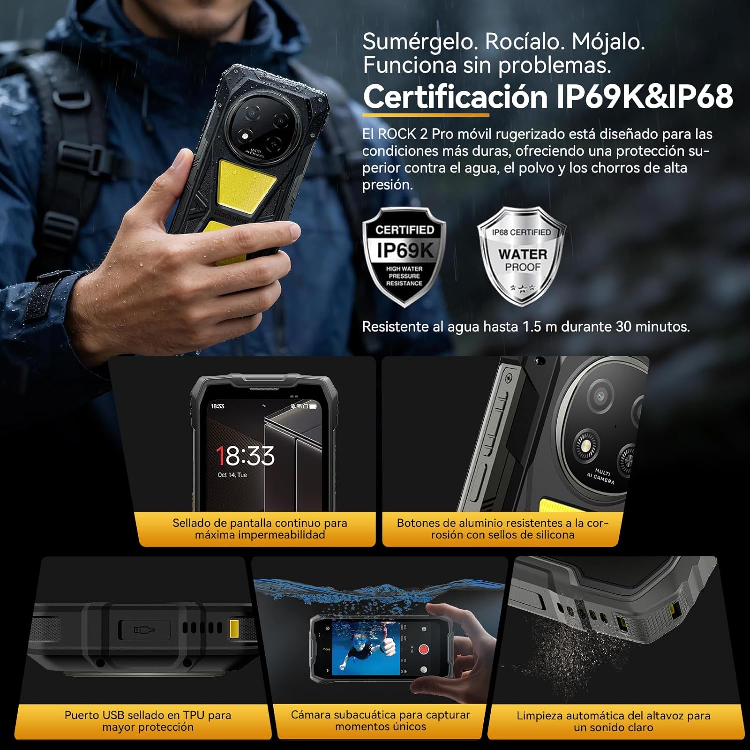 Blackview Rock 2 Pro Movil Irrompible, Android 16 Movil Indestructible 5G 32GB+256GB, 6.67" HD+ Display 120Hz 15000mAh IP69K Móvil Rugerizado, 16MP AI Kamera, NFC/OTG/GPS/Gemini AI/Glove Mode 2.0 - 3