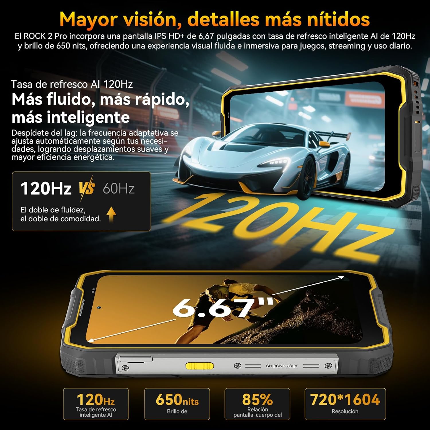 Blackview Rock 2 Pro Movil Irrompible, Android 16 Movil Indestructible 5G 32GB+256GB, 6.67" HD+ Display 120Hz 15000mAh IP69K Móvil Rugerizado, 16MP AI Kamera, NFC/OTG/GPS/Gemini AI/Glove Mode 2.0 - 3