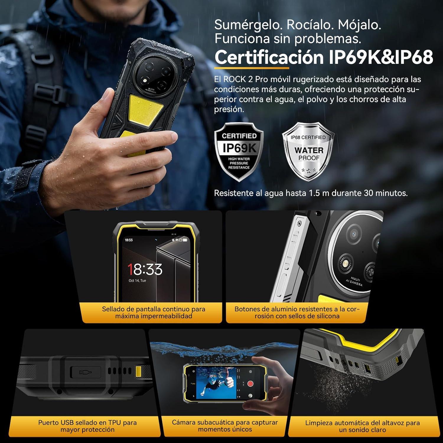 Blackview Rock 2 Pro Movil Irrompible, Android 16 Movil Indestructible 5G 32GB+256GB, 6.67" HD+ Display 120Hz 15000mAh IP69K Móvil Rugerizado, 16MP AI Kamera, NFC/OTG/GPS/Gemini AI/Glove Mode 2.0 - 4