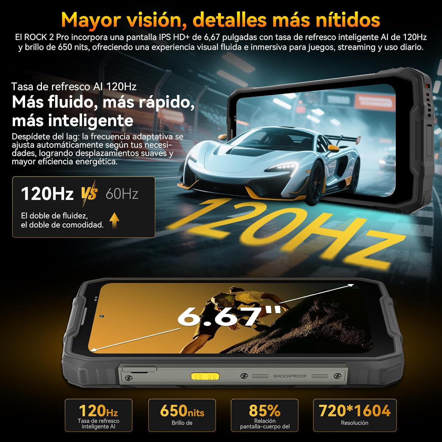 Blackview Rock 2 Pro Movil Irrompible, Android 16 Movil Indestructible 5G 32GB+256GB, 6.67" HD+ Display 120Hz 15000mAh IP69K Móvil Rugerizado, 16MP AI Kamera, NFC/OTG/GPS/Gemini AI/Glove Mode 2.0 - 5