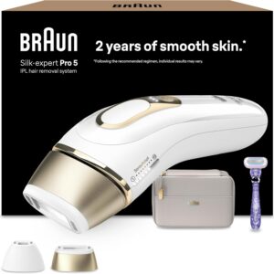 Braun Depiladora Luz Pulsada Silk·expert Pro 5 Alternativa a Depiladora Laser, IPL, con Funda, Cabezal de Precisión Y Maquinilla Venus, Eliminación del Vello en Casa, PL5157, Blanca/Dorada