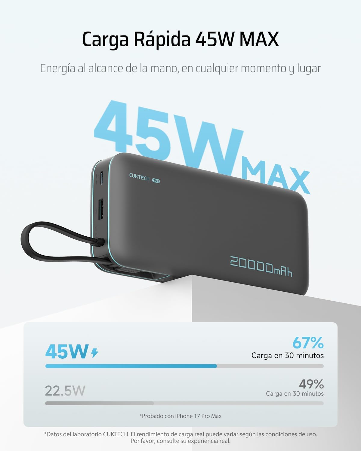CUKTECH CP25 Power Bank 20.000mAh, Batería Portátil con Cable USB-C Integrado, PD 45W powerbank con 1 x USB-A, Batería Externa Carga Rápida Compatible iPhone 17 Pro MAX, Galaxy, Xiaomi, MacBook - 2