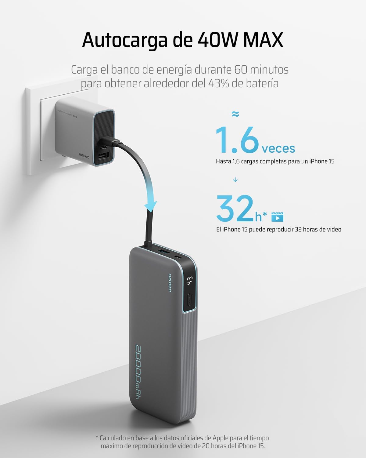 CUKTECH CP25 Power Bank 20.000mAh, Batería Portátil con Cable USB-C Integrado, PD 45W powerbank con 1 x USB-A, Batería Externa Carga Rápida Compatible iPhone 17 Pro MAX, Galaxy, Xiaomi, MacBook - 3