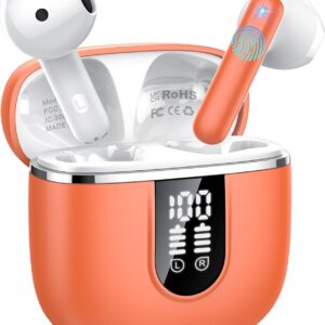 Cillso 2026 Auriculares Bluetooth 5.4, Auriculares Inalambricos Bluetooth con HiFi Estéreo, Cascos Inalambricos con Reducción de Ruido Mic, Pantalla LED, Ligero, Control Táctil Ajuste Cómodo Naranja