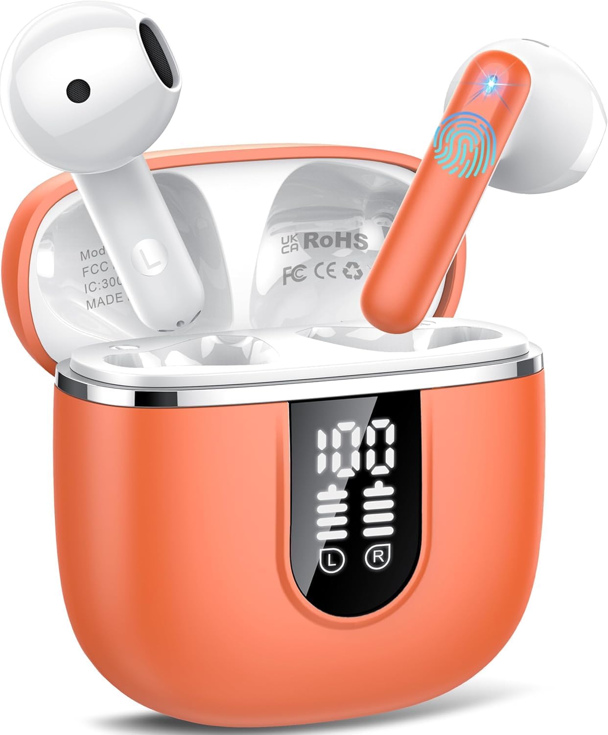 Cillso 2026 Auriculares Bluetooth 5.4, Auriculares Inalambricos Bluetooth con HiFi Estéreo, Cascos Inalambricos con Reducción de Ruido Mic, Pantalla LED, Ligero, Control Táctil Ajuste Cómodo Naranja - 1