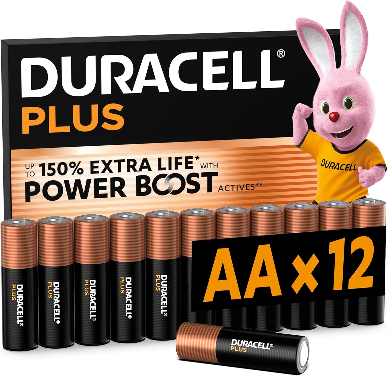 DURACELL Plus Pilas AA (Paquete de 12) – Pilas alcalinas 1,5 V – Hasta un 150 % de duración extra con activos POWER BOOST–Fiabilidad para dispositivos cotidianos–Envase con 0 % de plástico–MN1500 - 1