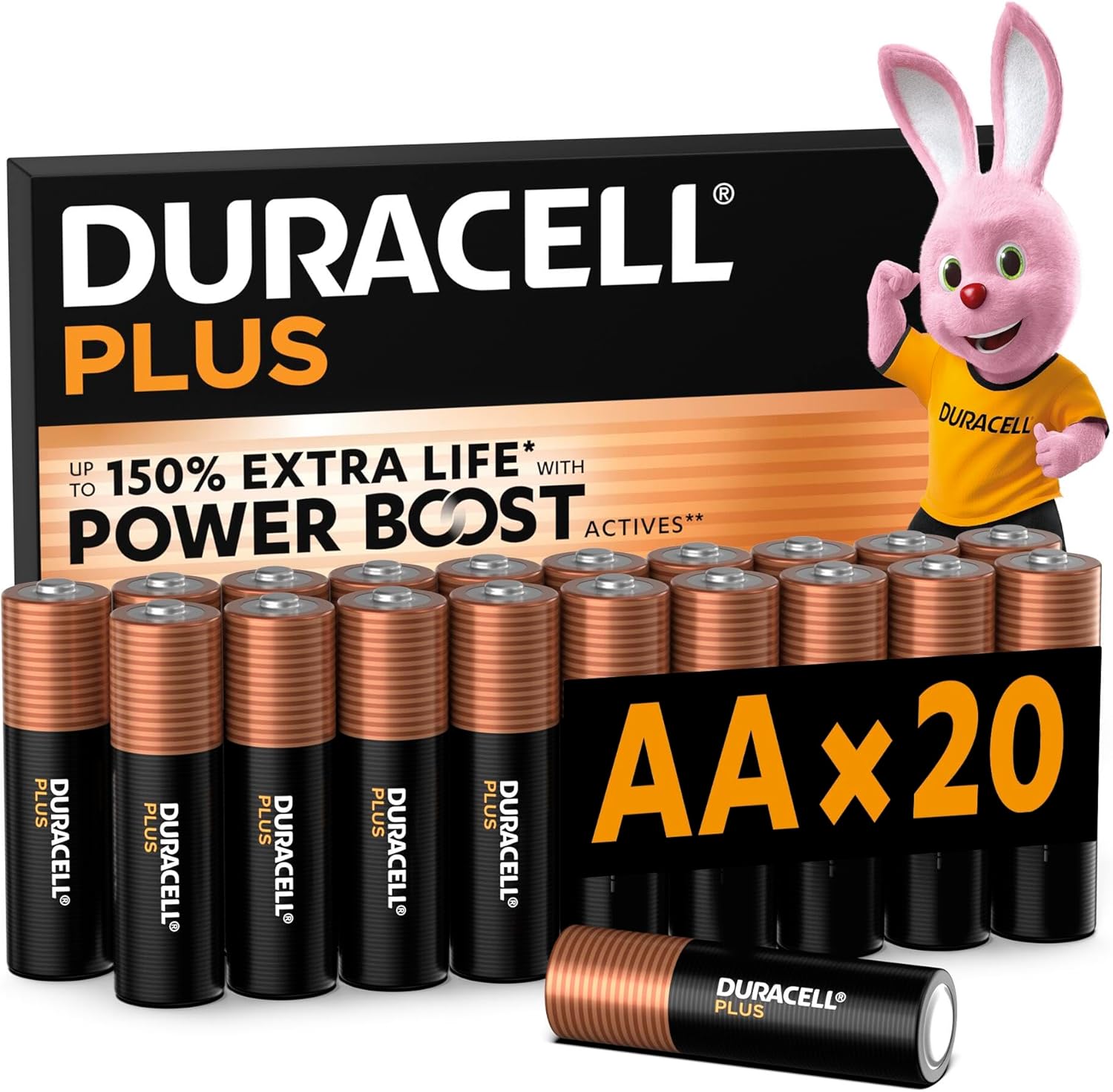 DURACELL Plus Pilas AA (Paquete de 20) – Pilas alcalinas 1,5 V – Hasta un 150 % de duración extra con activos POWER BOOST–Fiabilidad para dispositivos cotidianos–Envase con 0 % de plástico–MN1500 - 1