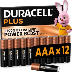 DURACELL Plus Pilas AAA (Paquete de 12) – Pilas alcalinas 1,5 V–Hasta un 100 % de duración extra con activos POWER BOOST–Fiabilidad para dispositivos cotidianos–Envase con 0 % de plástico–MN2400