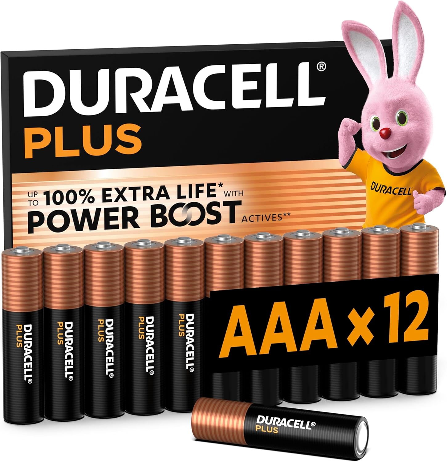 DURACELL Plus Pilas AAA (Paquete de 12) – Pilas alcalinas 1,5 V–Hasta un 100 % de duración extra con activos POWER BOOST–Fiabilidad para dispositivos cotidianos–Envase con 0 % de plástico–MN2400 - 1