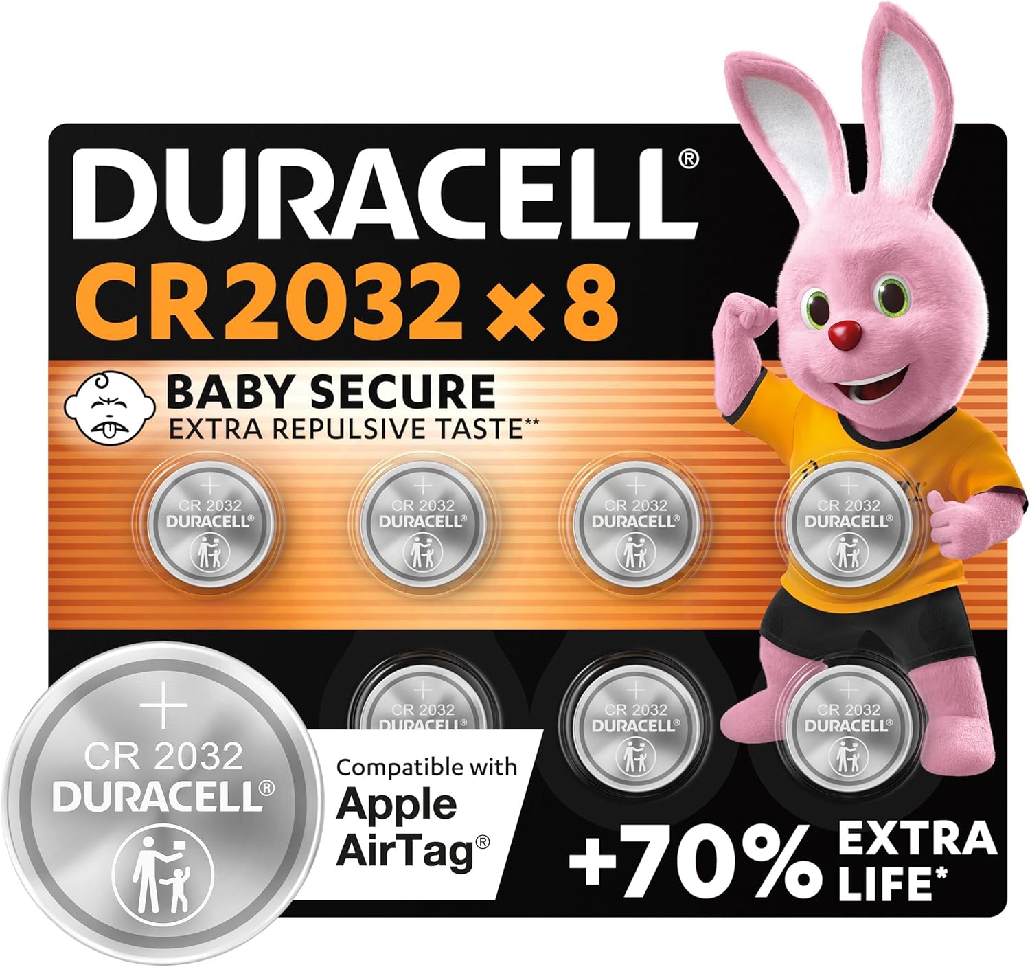 Duracell CR2032 pilas de botón de litio 3 V (paquete de 8) - Hasta un 70 % extra duración - Tecnología Baby Secure - Para Apple AirTag, llaves remotas, dispositivos domésticos, deportivos y médicos - 1