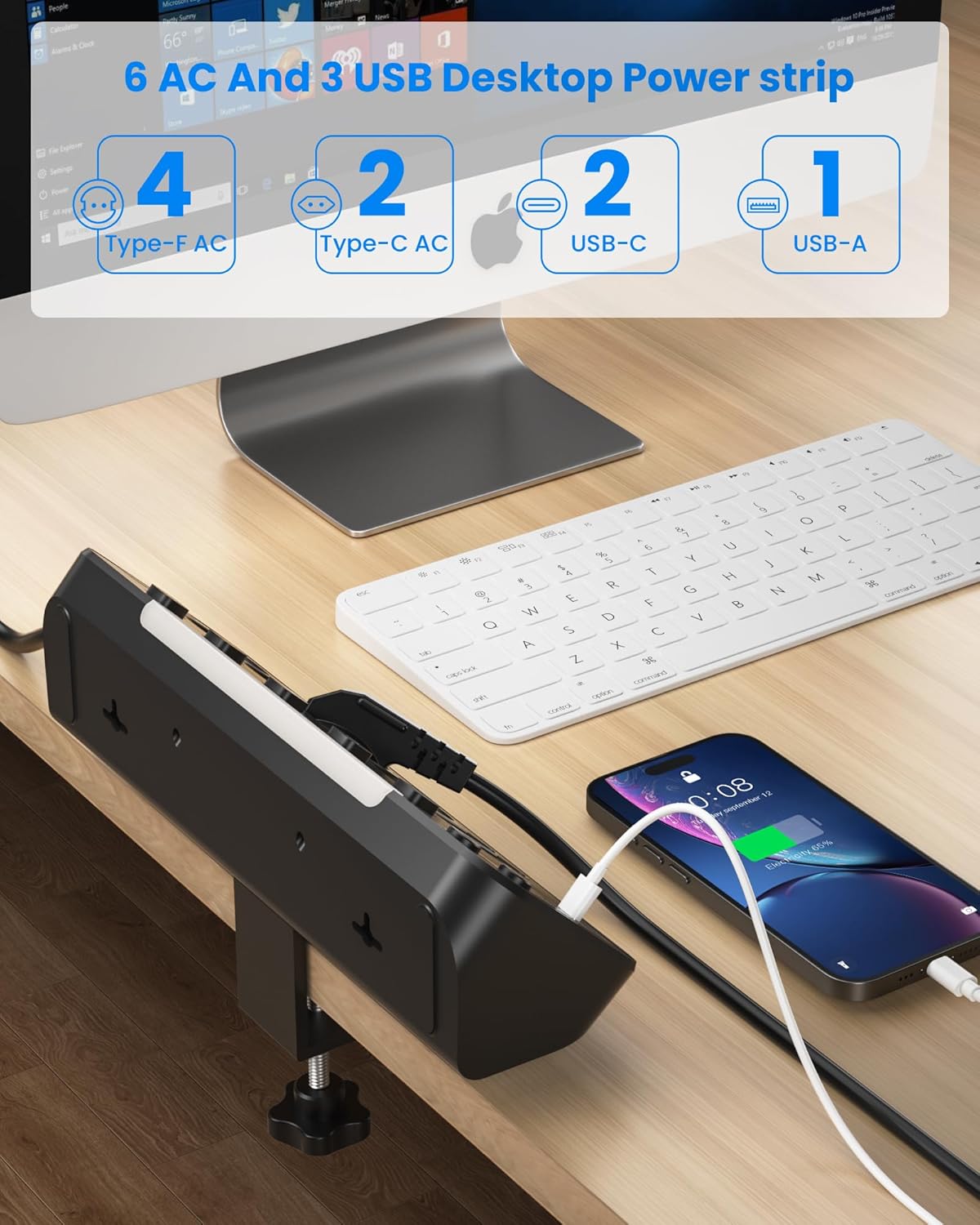 Enchufe de Mesa con USB C, Regletas Enchufes Proteccion Sobretension Carga Rápida PD20W 6 Tomas Ladron Enchufes Multiple con Interruptor Independiente Regleta Escritorio Pared 2M Cable,Negro - 2