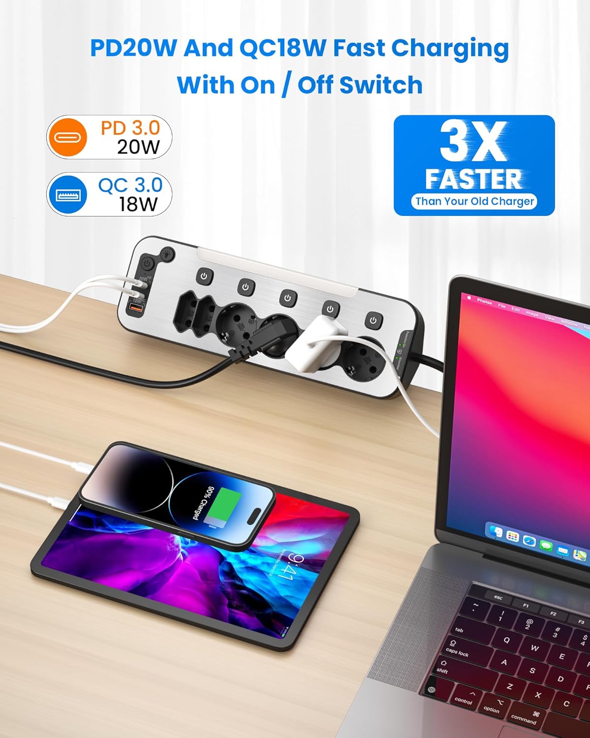 Enchufe de Mesa con USB C, Regletas Enchufes Proteccion Sobretension Carga Rápida PD20W 6 Tomas Ladron Enchufes Multiple con Interruptor Independiente Regleta Escritorio Pared 2M Cable,Negro - 3