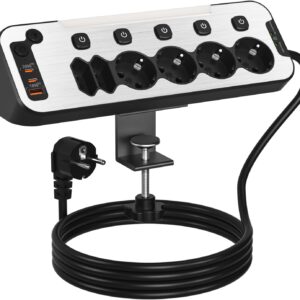 Enchufe de Mesa con USB C, Regletas Enchufes Proteccion Sobretension Carga Rápida PD20W 6 Tomas Ladron Enchufes Multiple con Interruptor Independiente Regleta Escritorio Pared 2M Cable,Negro
