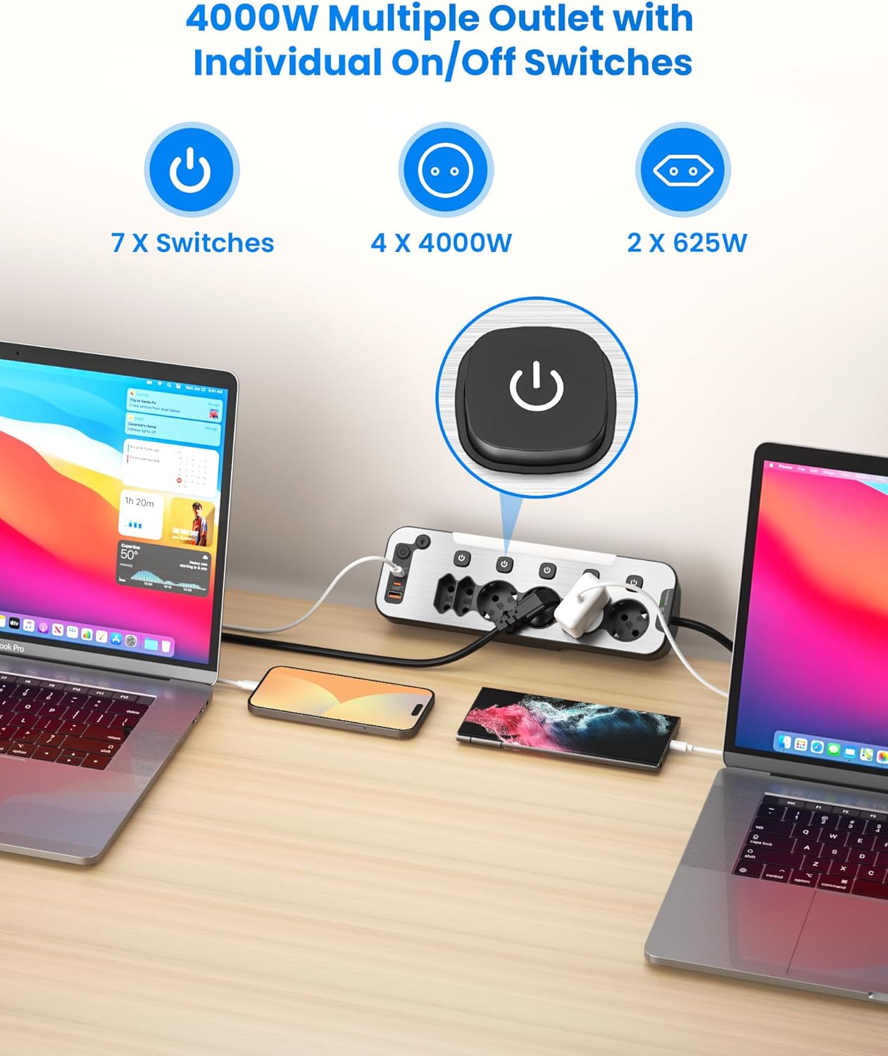 Enchufe de Mesa con USB C, Regletas Enchufes Proteccion Sobretension Carga Rápida PD20W 6 Tomas Ladron Enchufes Multiple con Interruptor Independiente Regleta Escritorio Pared 2M Cable,Negro - 4