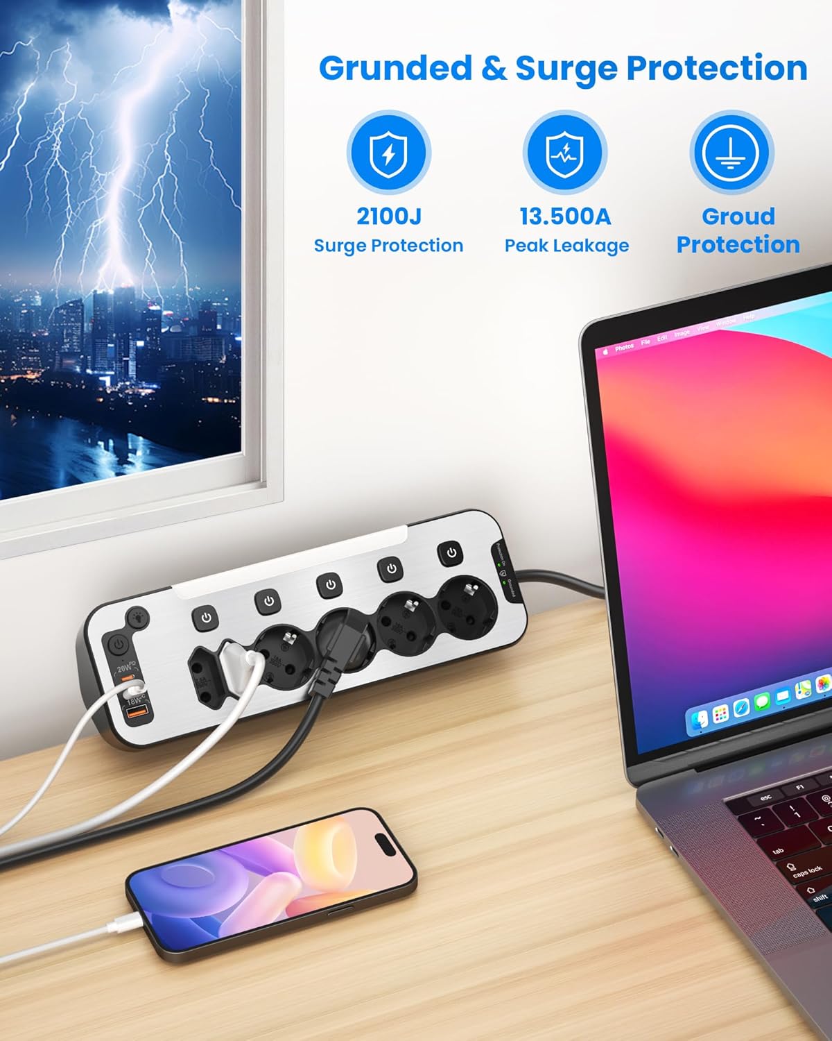 Enchufe de Mesa con USB C, Regletas Enchufes Proteccion Sobretension Carga Rápida PD20W 6 Tomas Ladron Enchufes Multiple con Interruptor Independiente Regleta Escritorio Pared 2M Cable,Negro - 5