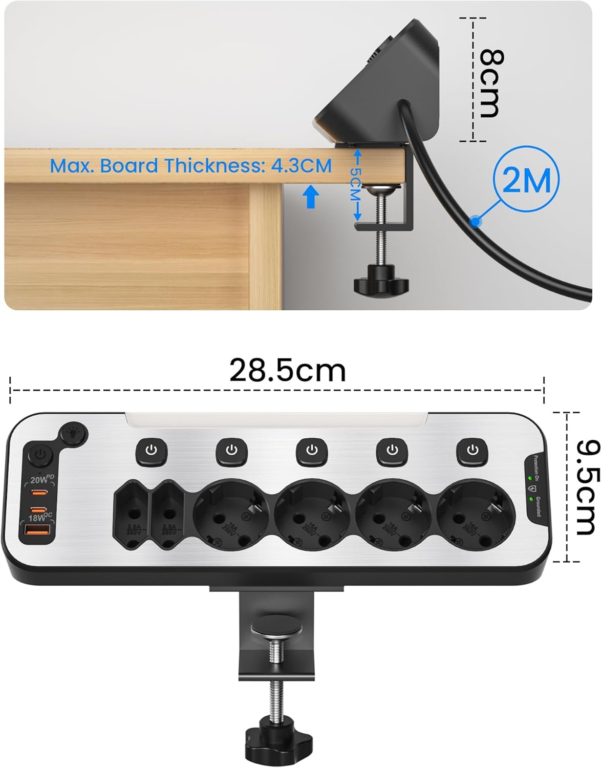 Enchufe de Mesa con USB C, Regletas Enchufes Proteccion Sobretension Carga Rápida PD20W 6 Tomas Ladron Enchufes Multiple con Interruptor Independiente Regleta Escritorio Pared 2M Cable,Negro - 6