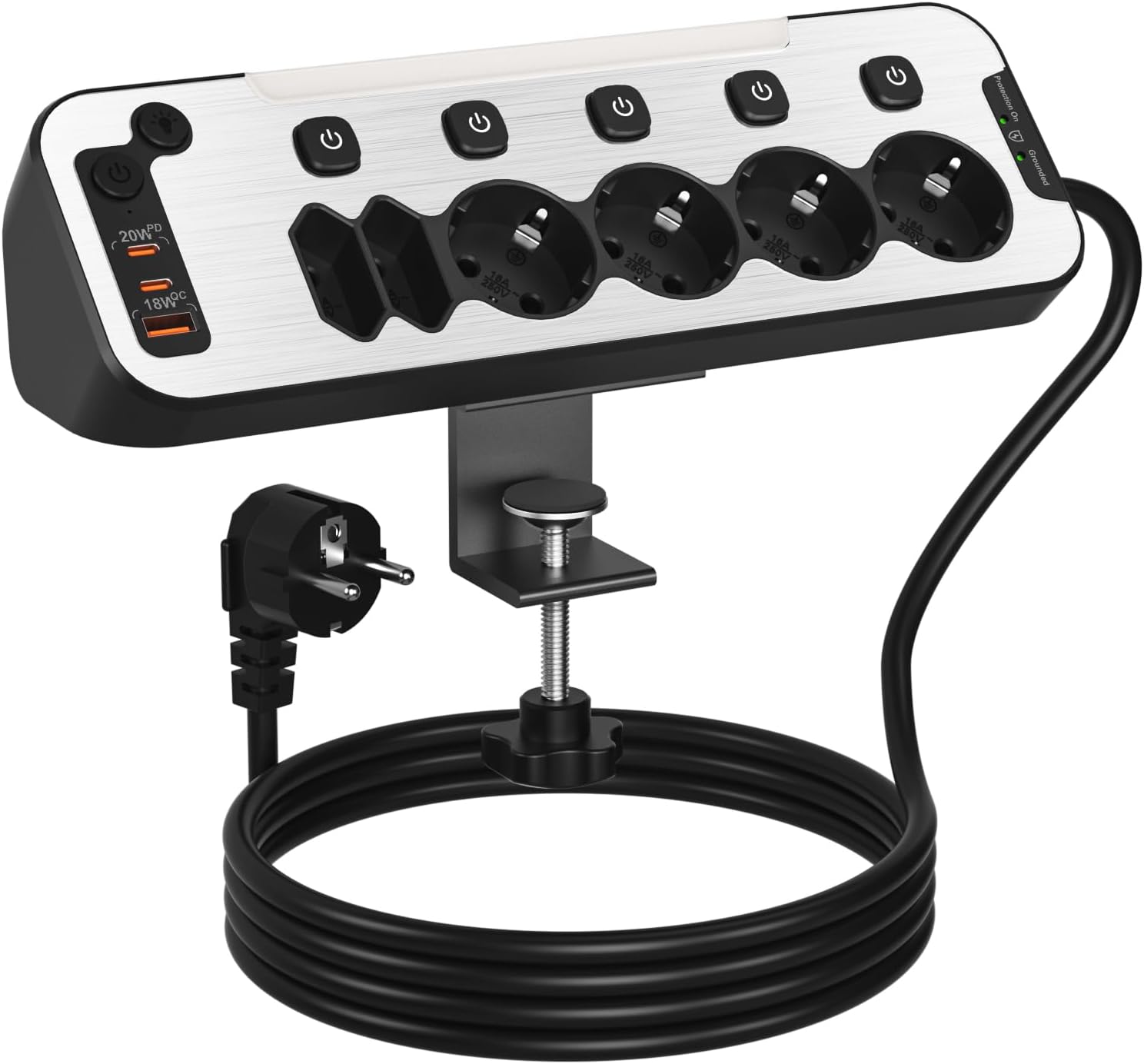 Enchufe de Mesa con USB C, Regletas Enchufes Proteccion Sobretension Carga Rápida PD20W 6 Tomas Ladron Enchufes Multiple con Interruptor Independiente Regleta Escritorio Pared 2M Cable,Negro - 1
