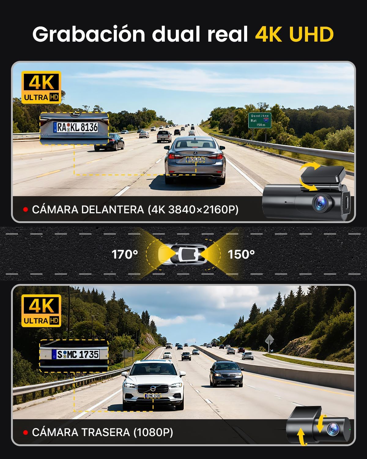 GKU Dashcam Cámara Coche 4K+1080P, 5GHz WiFi Dash CAM Coche con Tarjeta SD de 64GB,Camara Coche Grabadora,170° Gran Angular,Visión Nocturn,WDR,Sensor G,Monitor de Aparcamiento,Grabación de Bucle - 2