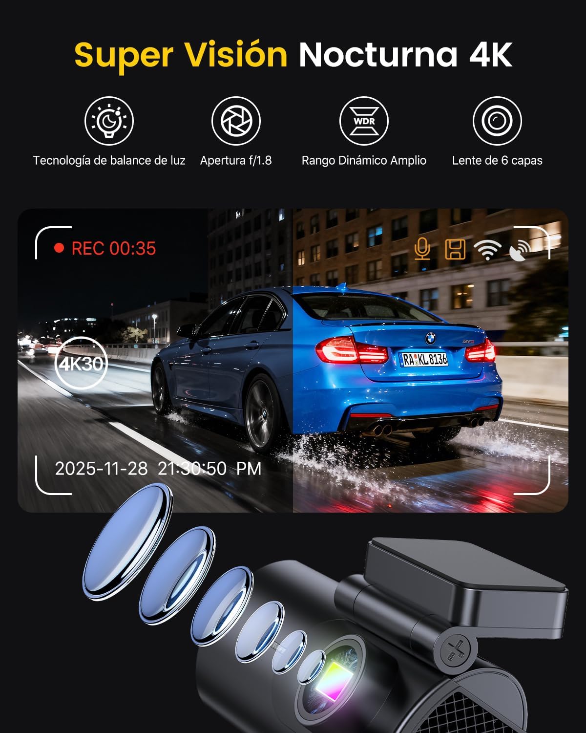 GKU Dashcam Cámara Coche 4K+1080P, 5GHz WiFi Dash CAM Coche con Tarjeta SD de 64GB,Camara Coche Grabadora,170° Gran Angular,Visión Nocturn,WDR,Sensor G,Monitor de Aparcamiento,Grabación de Bucle - 4