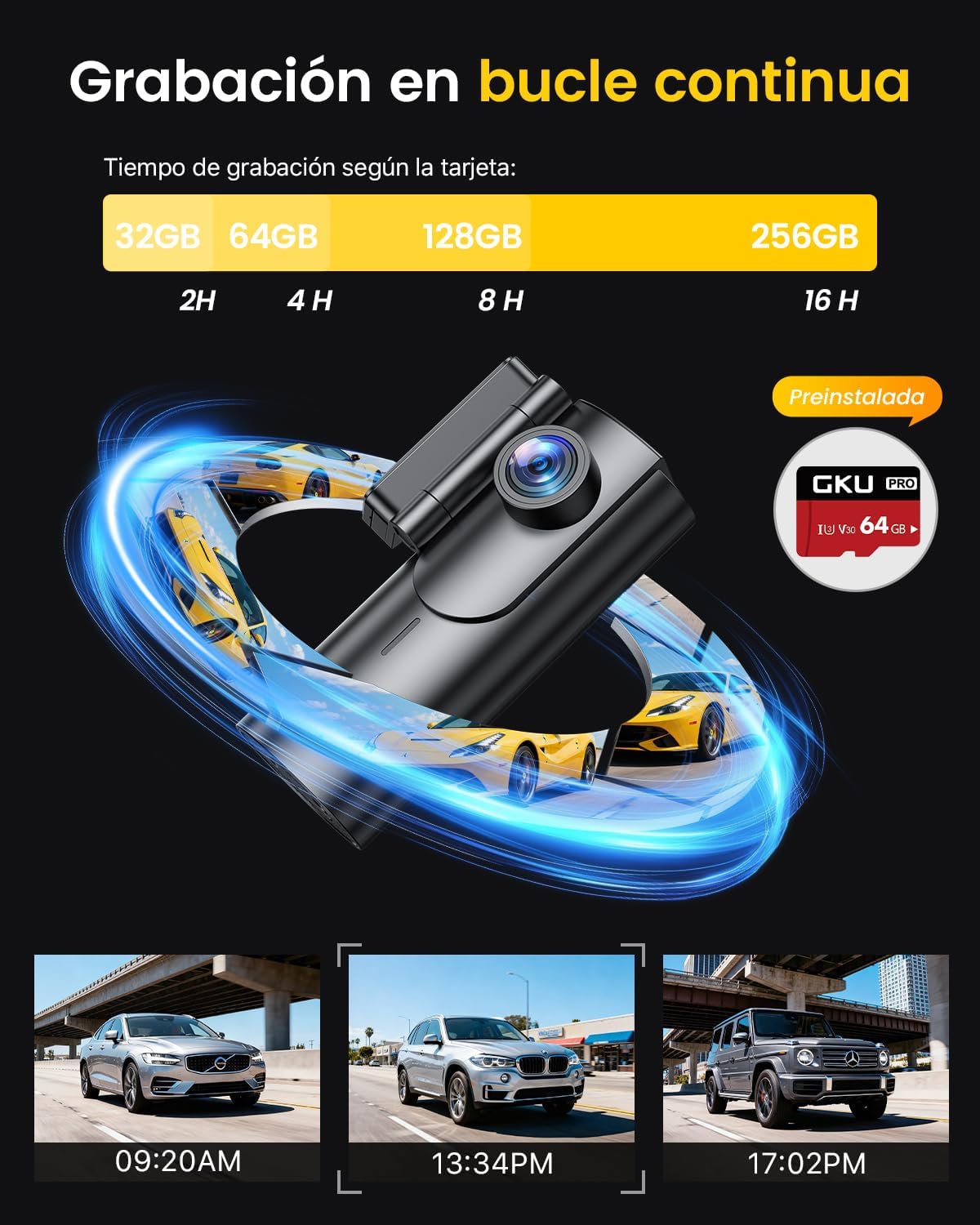 GKU Dashcam Cámara Coche 4K+1080P, 5GHz WiFi Dash CAM Coche con Tarjeta SD de 64GB,Camara Coche Grabadora,170° Gran Angular,Visión Nocturn,WDR,Sensor G,Monitor de Aparcamiento,Grabación de Bucle - 6
