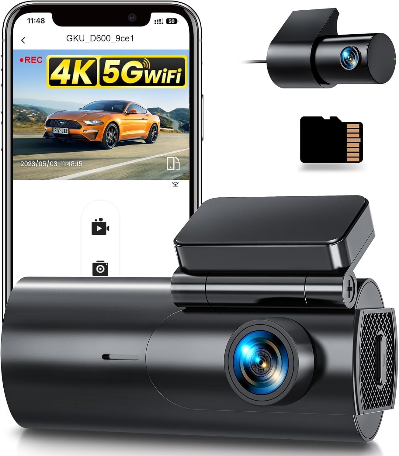 GKU Dashcam Cámara Coche 4K+1080P, 5GHz WiFi Dash CAM Coche con Tarjeta SD de 64GB,Camara Coche Grabadora,170° Gran Angular,Visión Nocturn,WDR,Sensor G,Monitor de Aparcamiento,Grabación de Bucle - 1